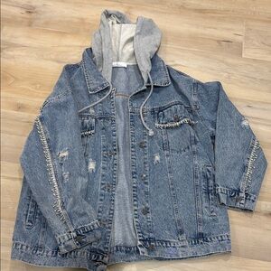 Apricot Lane Blue Denim Jacket with Gray Hoodie and rhinestones.